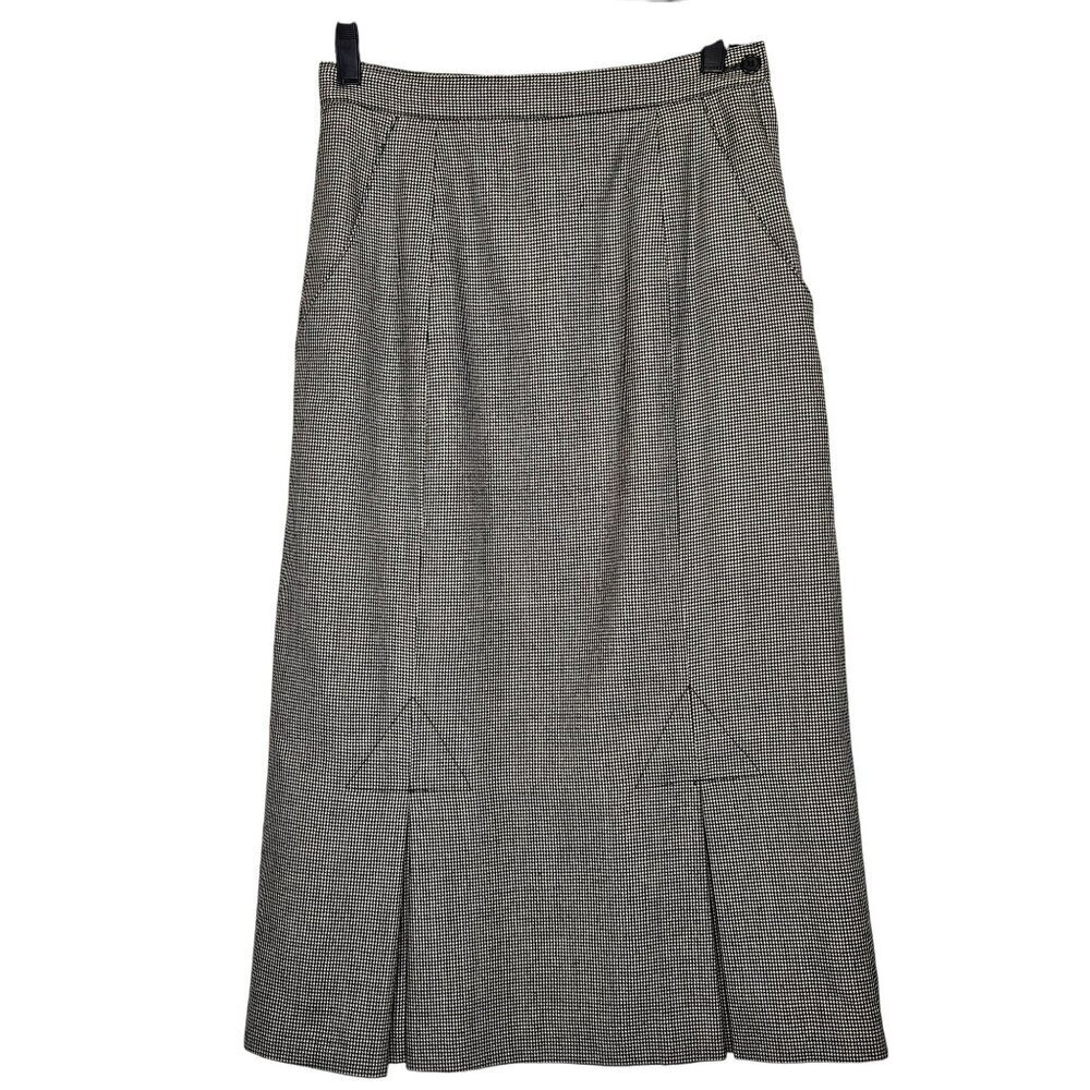 Houndstooth Wool Blend A-Line Skirt Pocket Side Zipper Fish Tail Midi Office 7/8